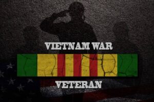 Silhouettes of soldiers saluting and vietnam Campaign Ribbon with text Vietnam War Veteran.-cm